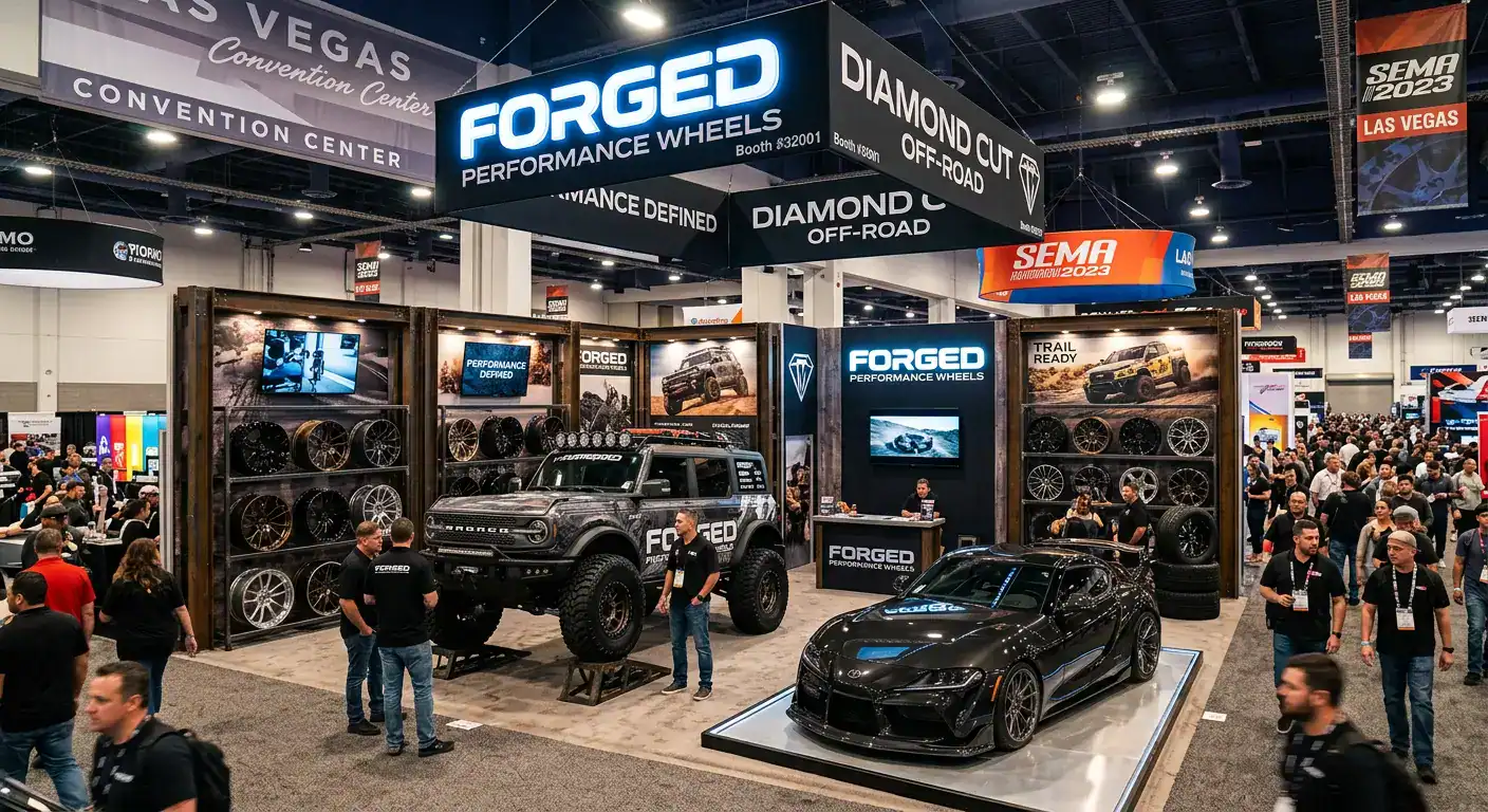 MonkVibe SEMA booth builder — custom booth installed at the Las Vegas Convention Center